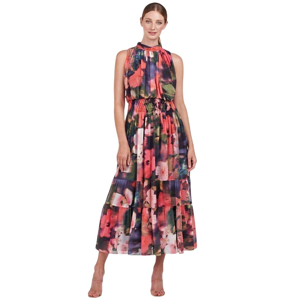 Kay Unger Leilani Hibiscus Print Blouson Maxi $388 Dress in Bright Coral Size 8